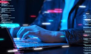 Business man using computer hand close up futuristic cyber space and decentralized,